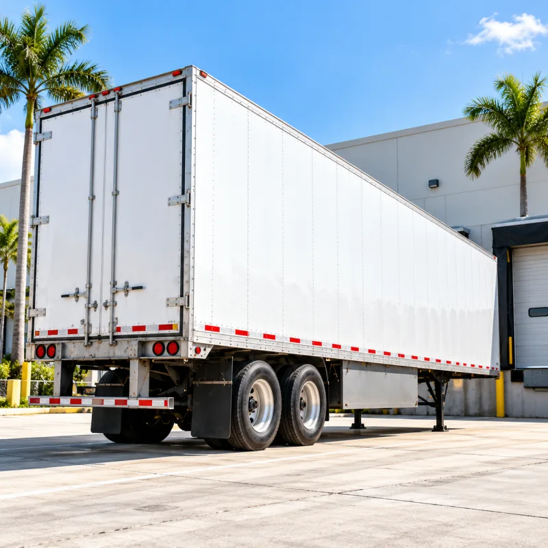 White commercial trailer parked at a loading dock