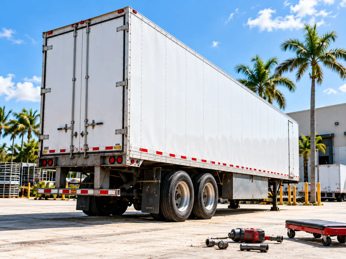 White commercial trailer parked beside a warehouse